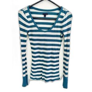 Y2K American Eagle Blue & White Striped Long Sleeve Top Women's M